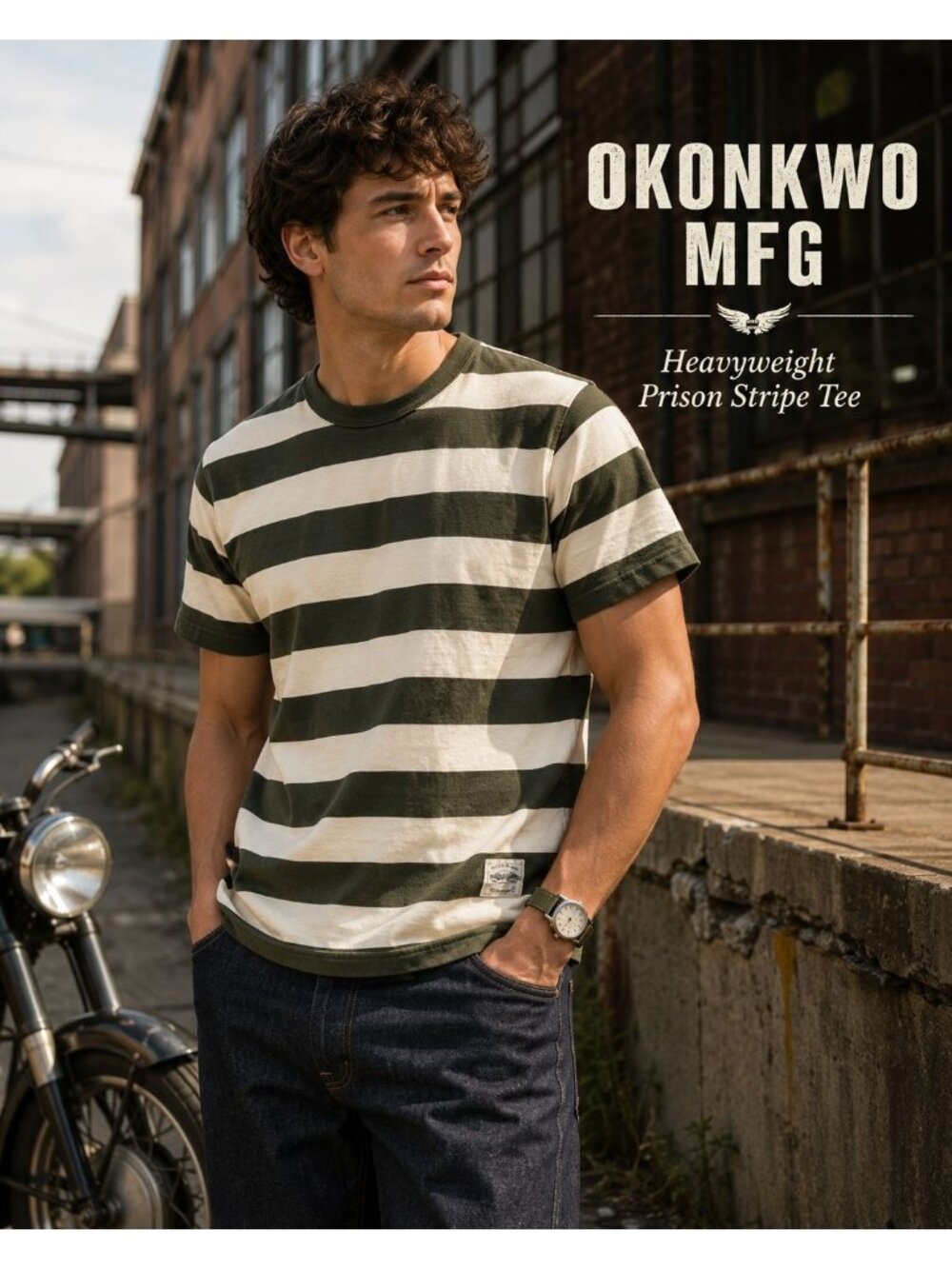 Okonkwo MFG Prison Stripe Heavyweight Shirt M Green White Cotton Tee